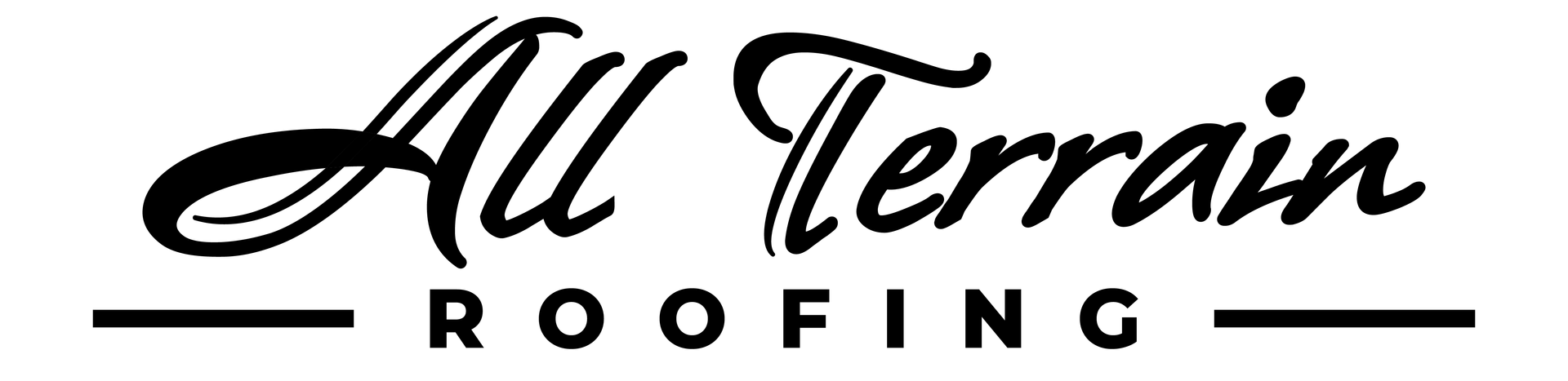 A black and white logo for all terrain roofing on a white background.