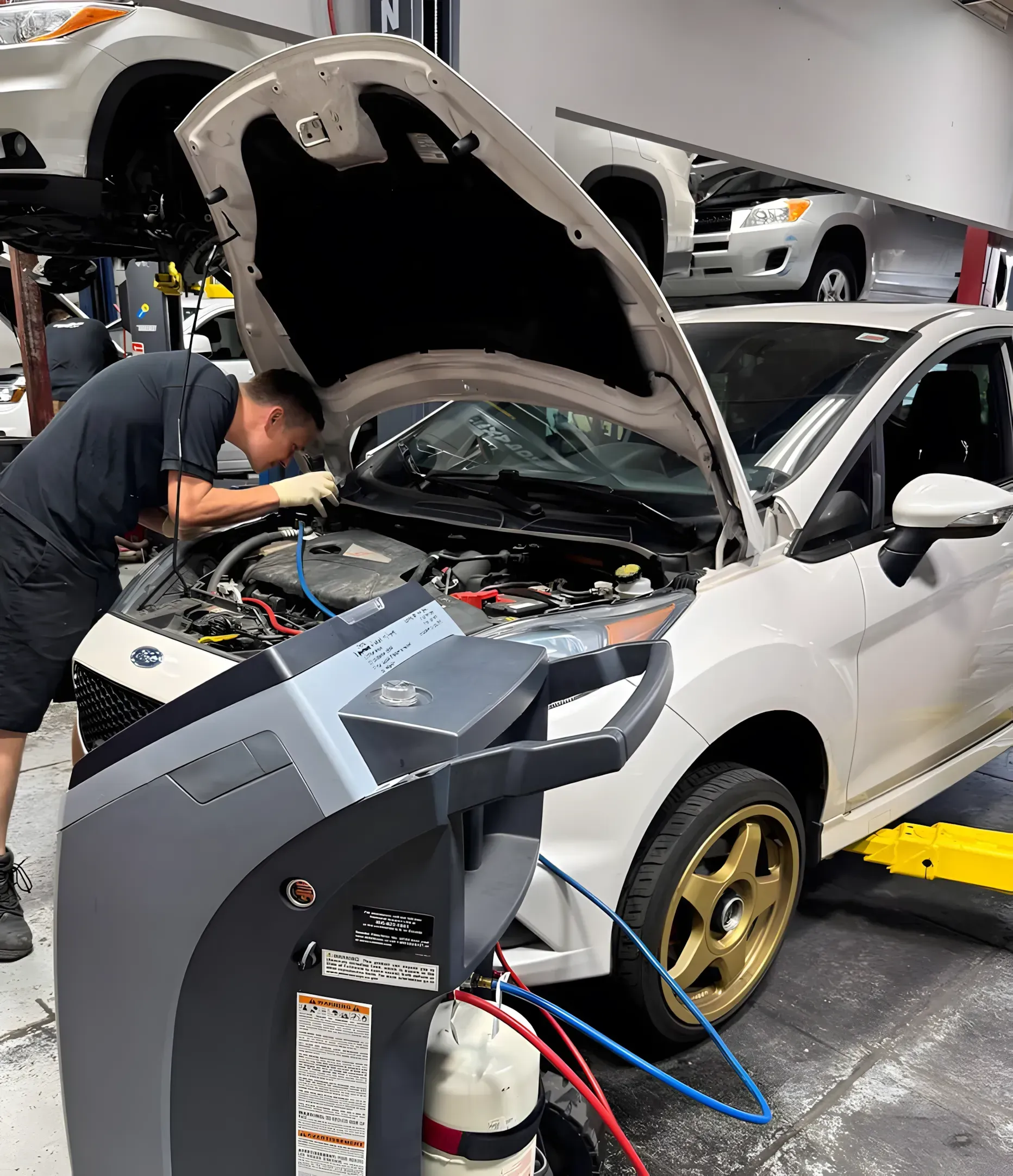 Mechanic working on a white car with its hood open. Gray machine in front. Other cars in background. | Importsports