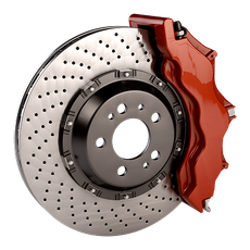 Red brake caliper on a drilled, silver brake rotor. | Importsports