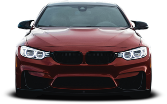 Red BMW M4 sports car, front view. Black grille, headlights on, black side mirrors. | Importsports