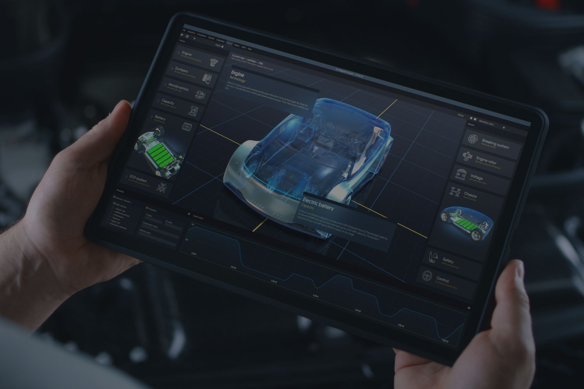 Person holding a tablet displaying a 3D car model with diagnostic data. | Importsports