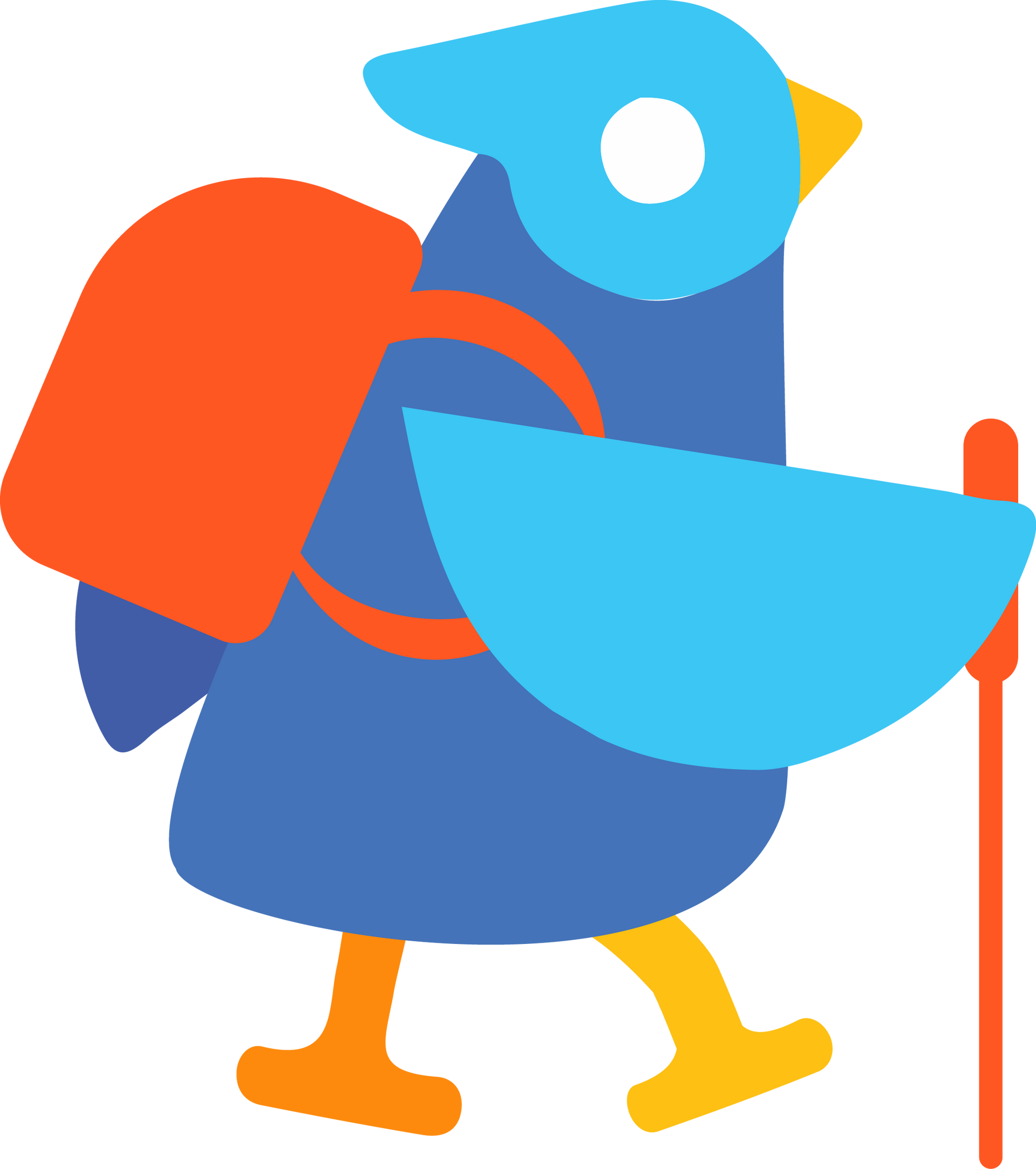 A vector blue bird with a backpack and a cane