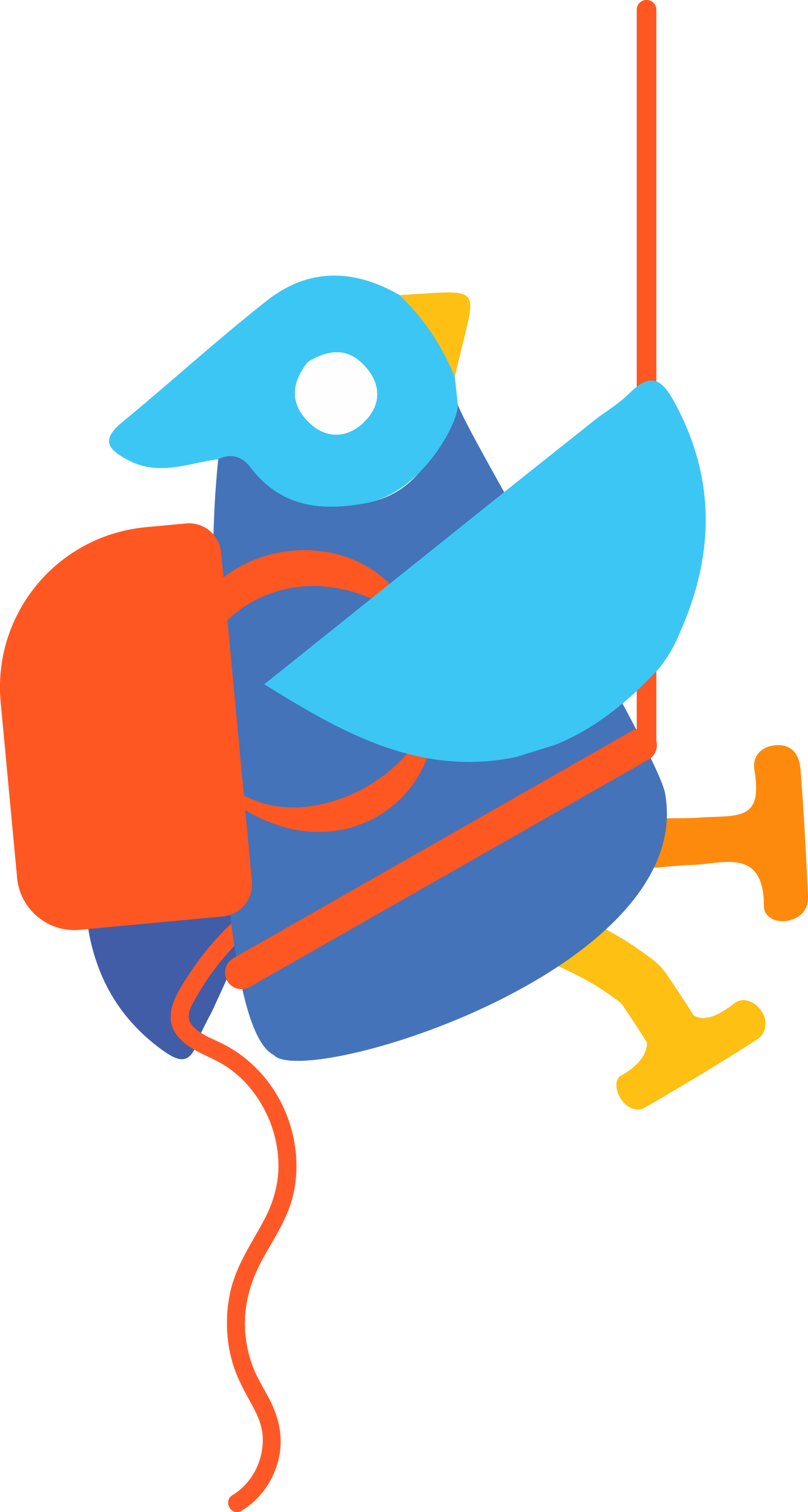 A vector bird with a backpack is hanging from a rope.