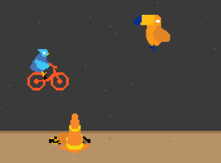 A game screenshot of a bird riding a bike next to a traffic cone.