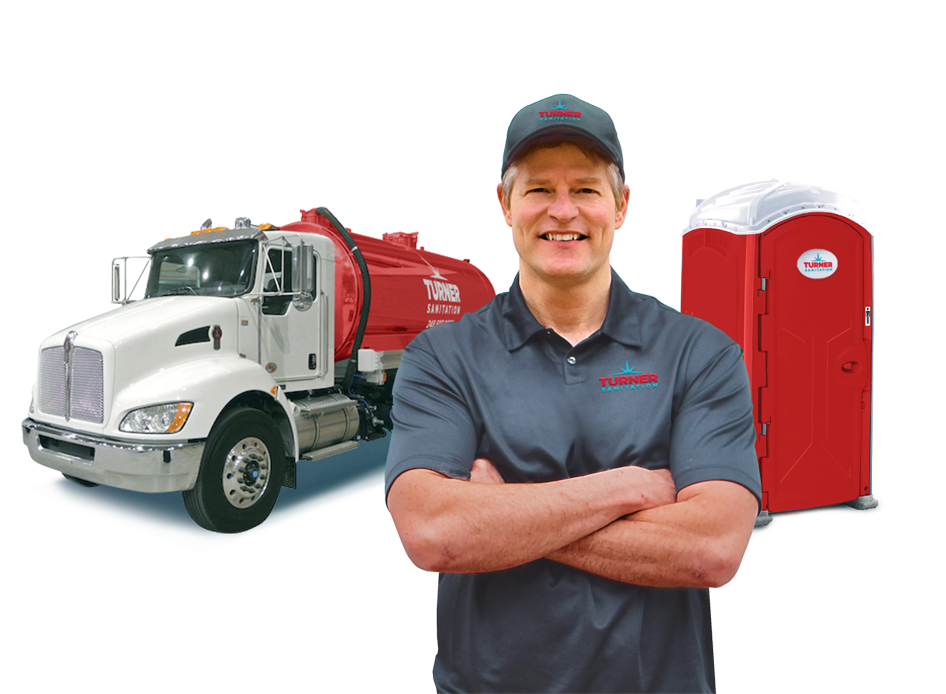 Portrait Man With Truck And Restroom | Lake Orion, MI | Turner Sanitation Portrait Man With Truck And Restroom | Lake Orion, MI | Turner Sanitation