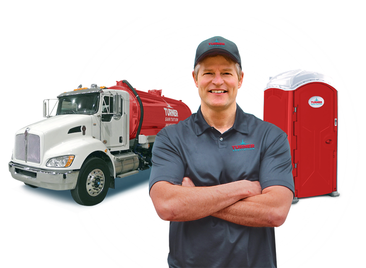 Portrait Man With Truck And Restroom | Lake Orion, MI | Turner Sanitation Portrait Man With Truck And Restroom | Lake Orion, MI | Turner Sanitation