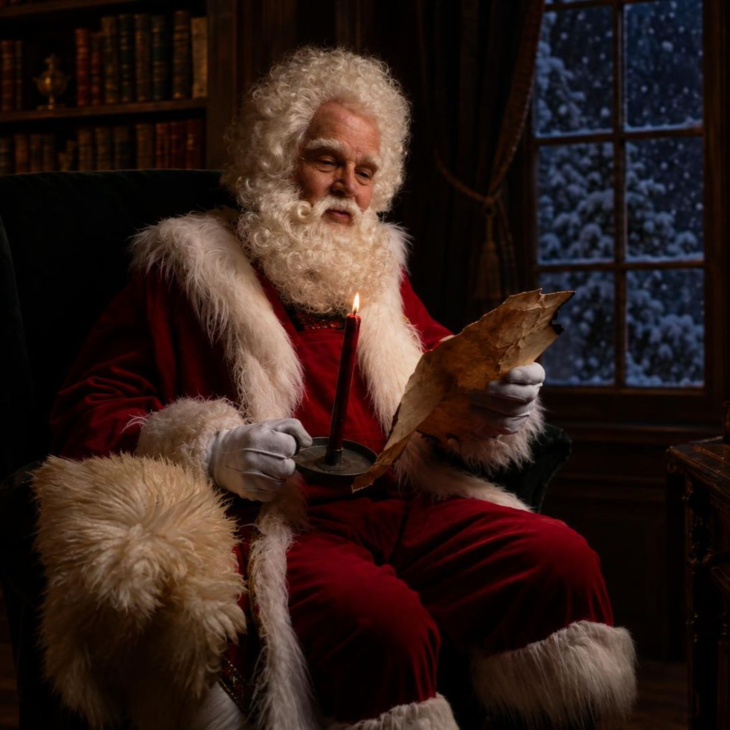 Kerstman met professioneel haarwerk bij kaarslicht