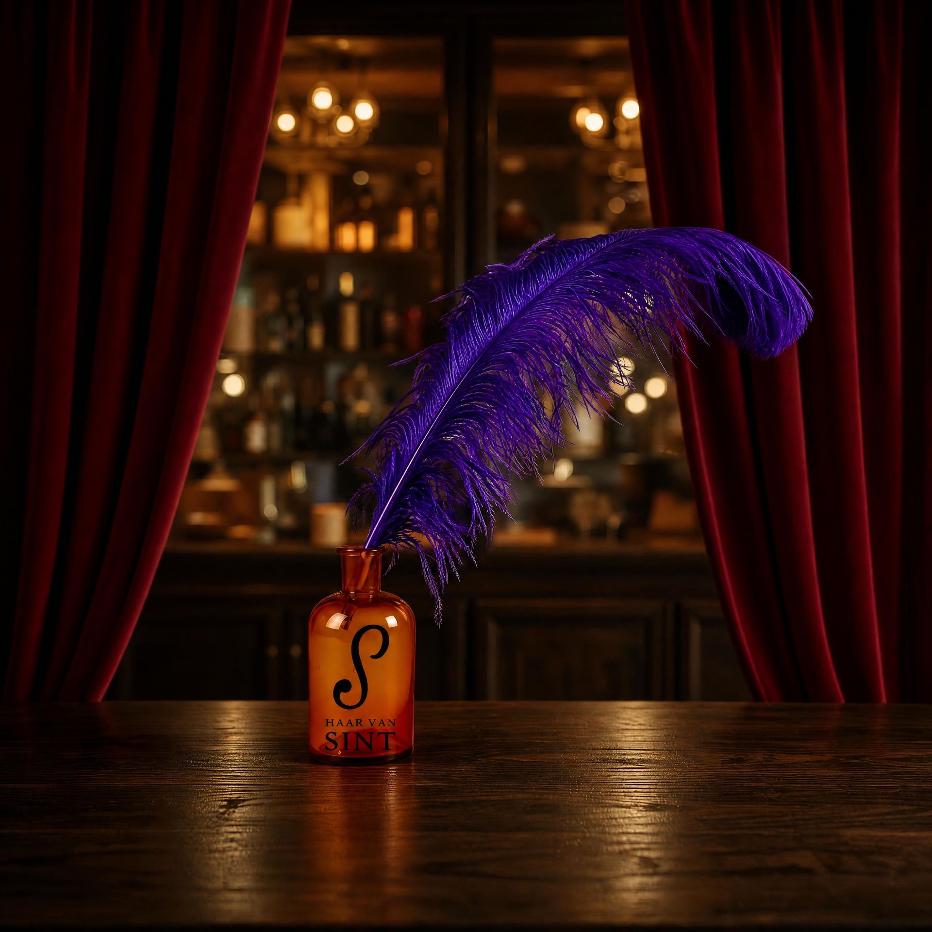 Een oranje fles met een paarse veer staat op een houten tafel in een schemerig verlichte bar, omlijst door rode gordijnen.