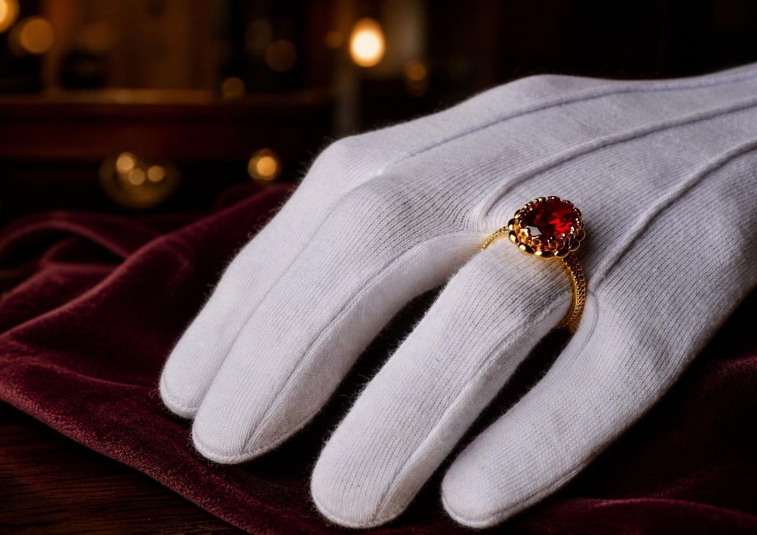 Hand met witte handschoen en een gouden ring bezet met een rode edelsteen op bordeauxrood fluweel