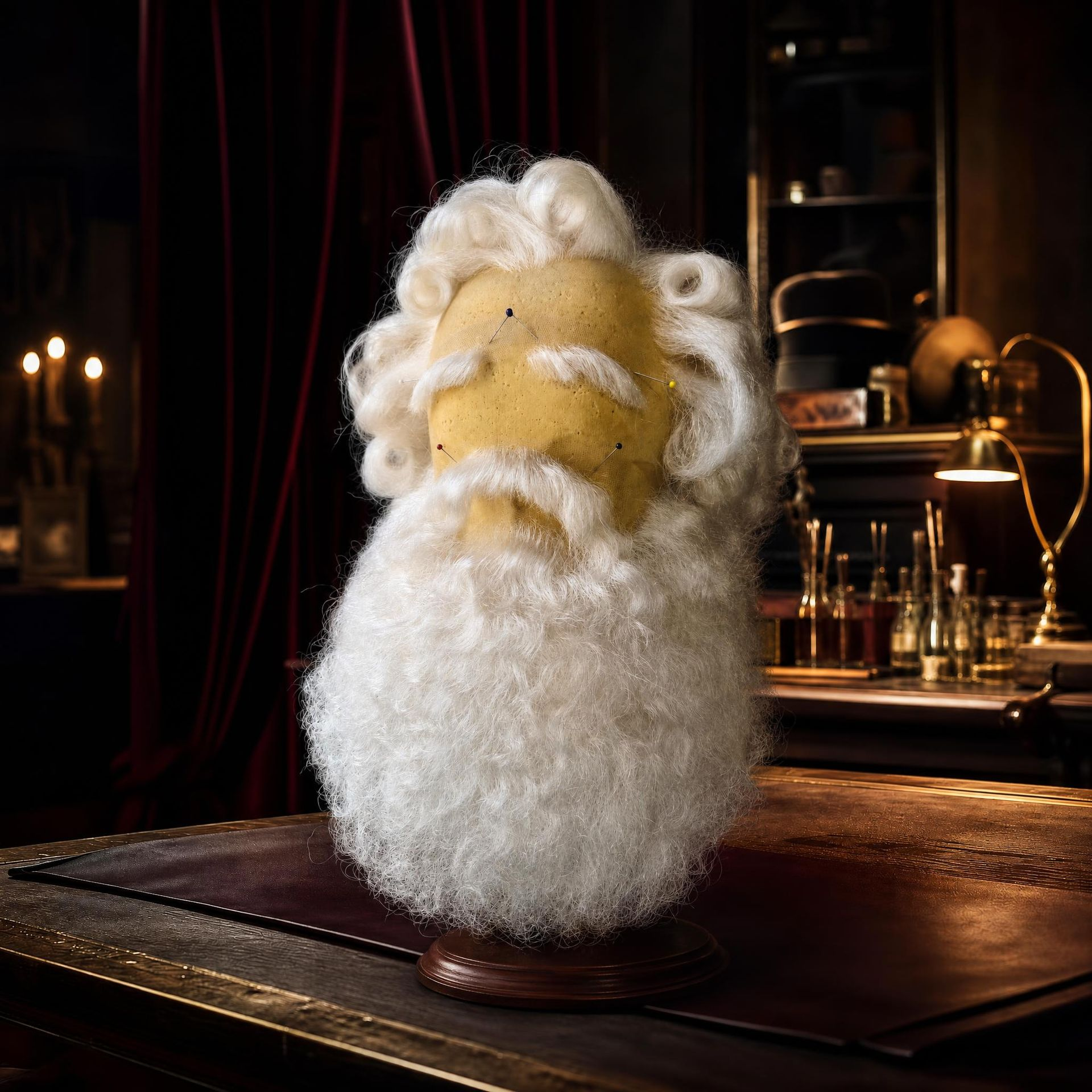 Een pluizig wit leeuwenbeeldje op een houten bar in een schemerig verlichte lounge.