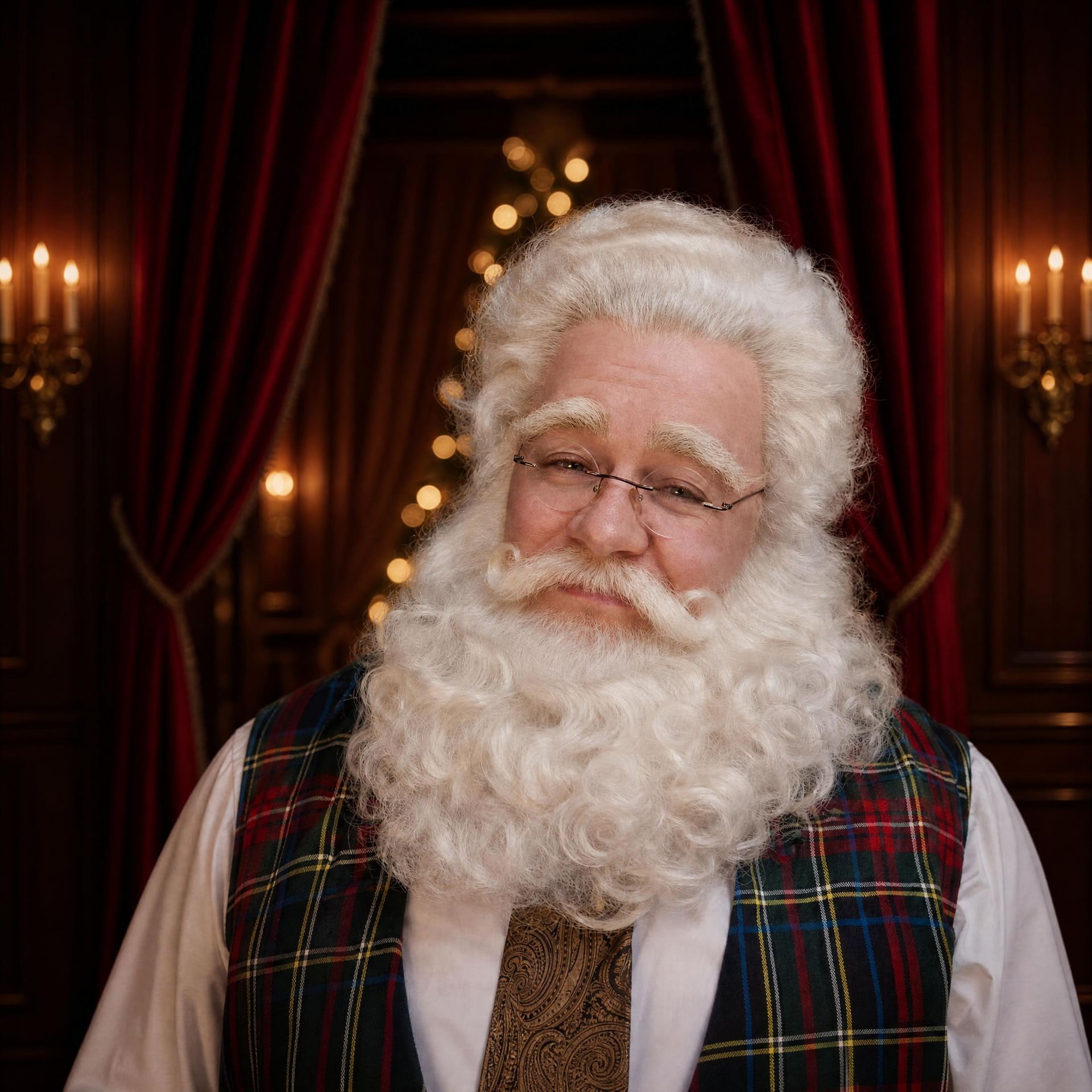 De Kerstman in een kamer met rode gordijnen, met een bril en een geruit vest aan, glimlachend met een witte baard.