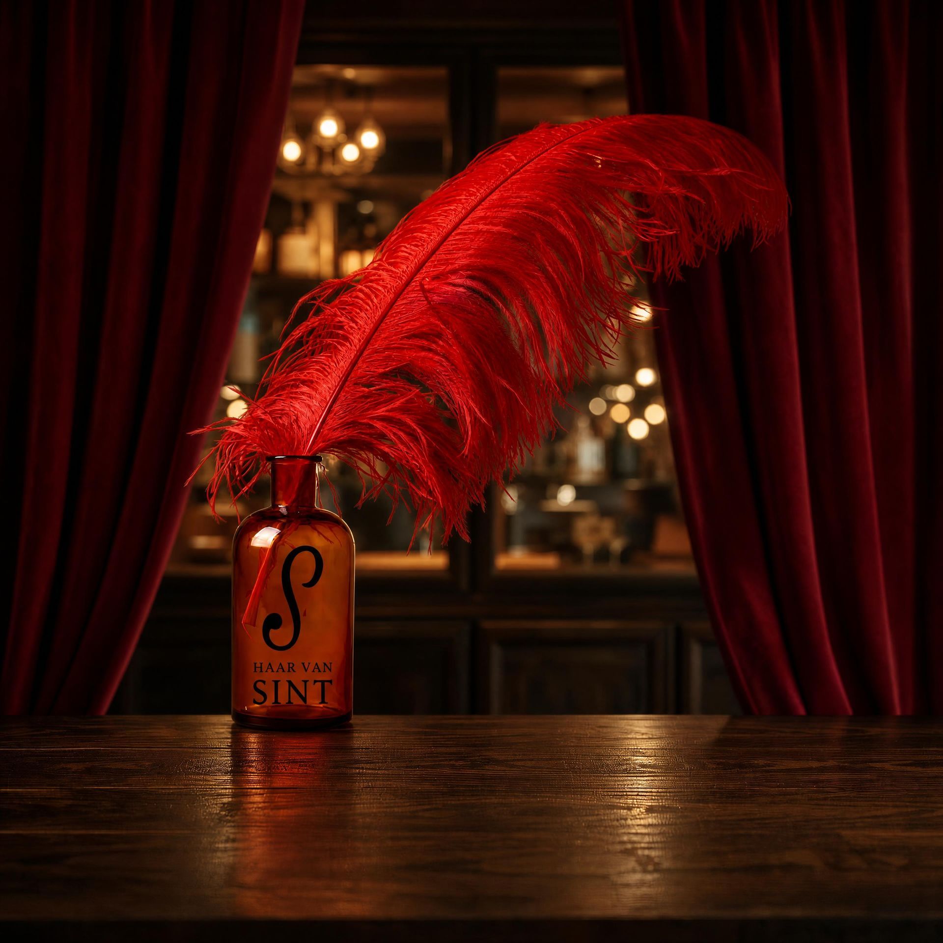 SINT-fles met rode veer op een houten bar, omlijst door donkerrode gordijnen en warm bokeh-licht.