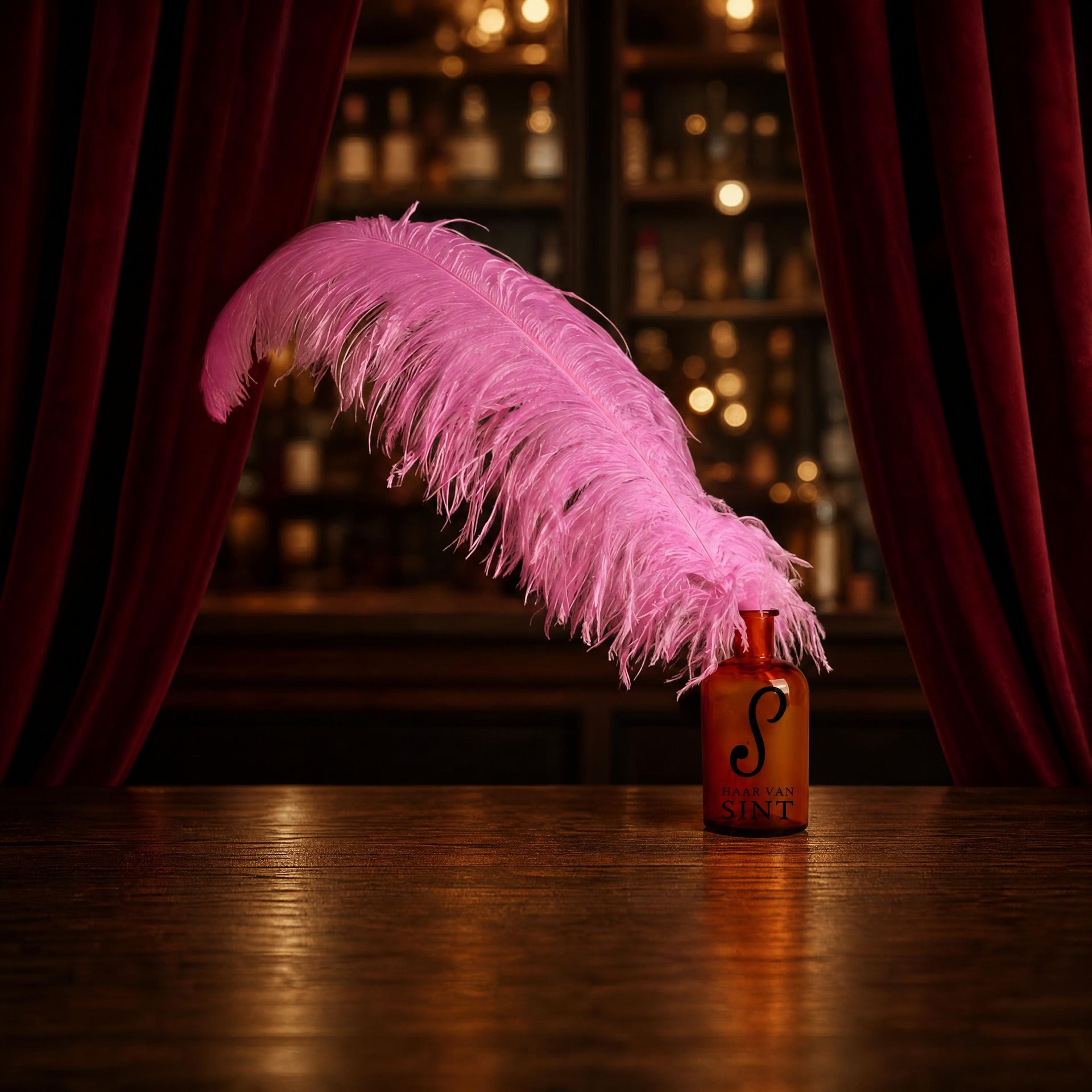 Een roze veer in een klein houdertje op een houten tafel, omlijst door rode gordijnen en wazig licht op de achtergrond.
