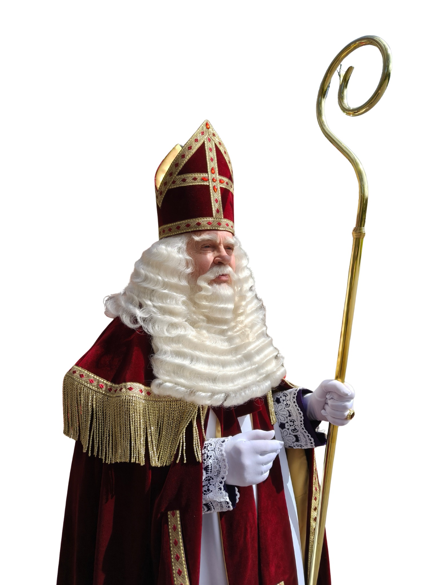 Sint Nicolaas in rode gewaden en mijter, met een gouden bisschopsstaf op een witte achtergrond.