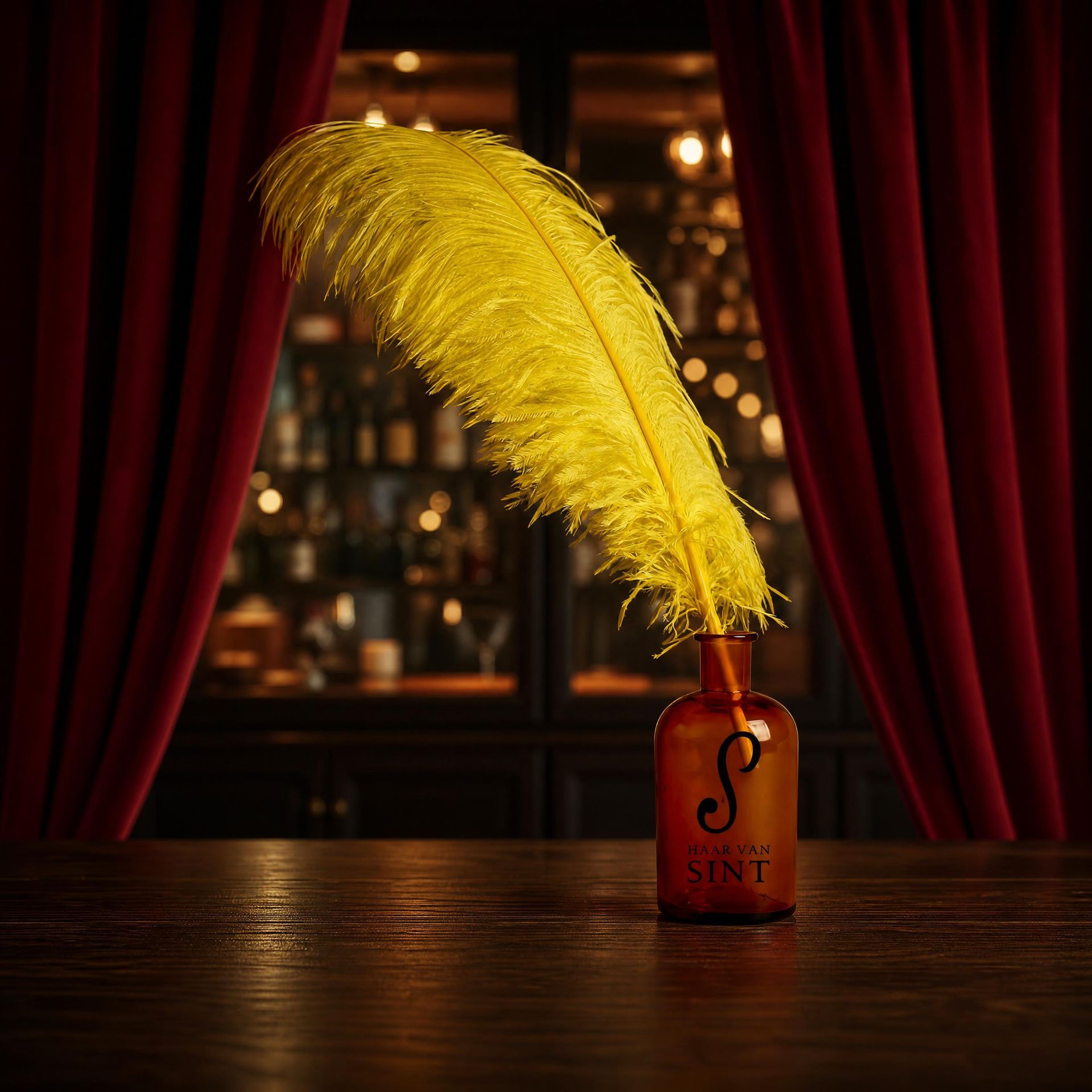 Een gele veer in een klein rood flesje op een houten bar voor bordeauxrode gordijnen.