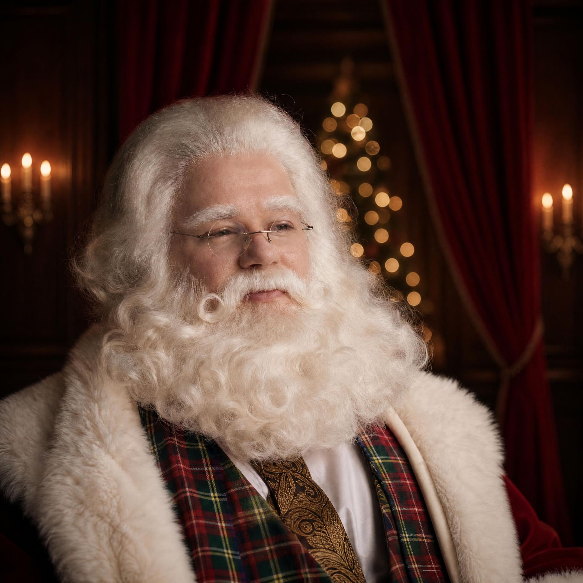 De kerstman met witte baard in een rode fluwelen kamer, verlicht door kaarsen en met een wazige kerstboom op de achtergrond.