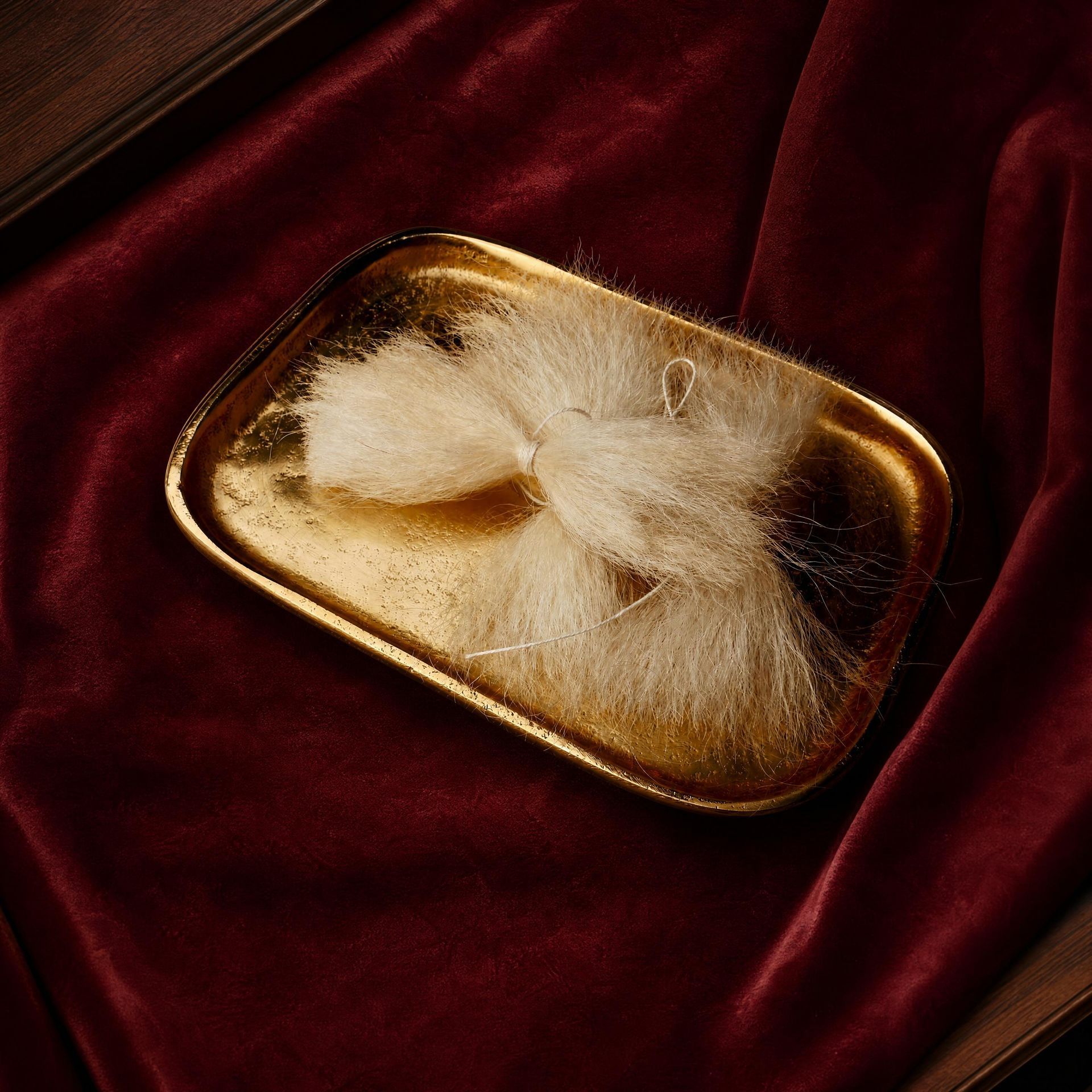 Open gouden blikje met wit poeder op donkerrood fluwelen doek.