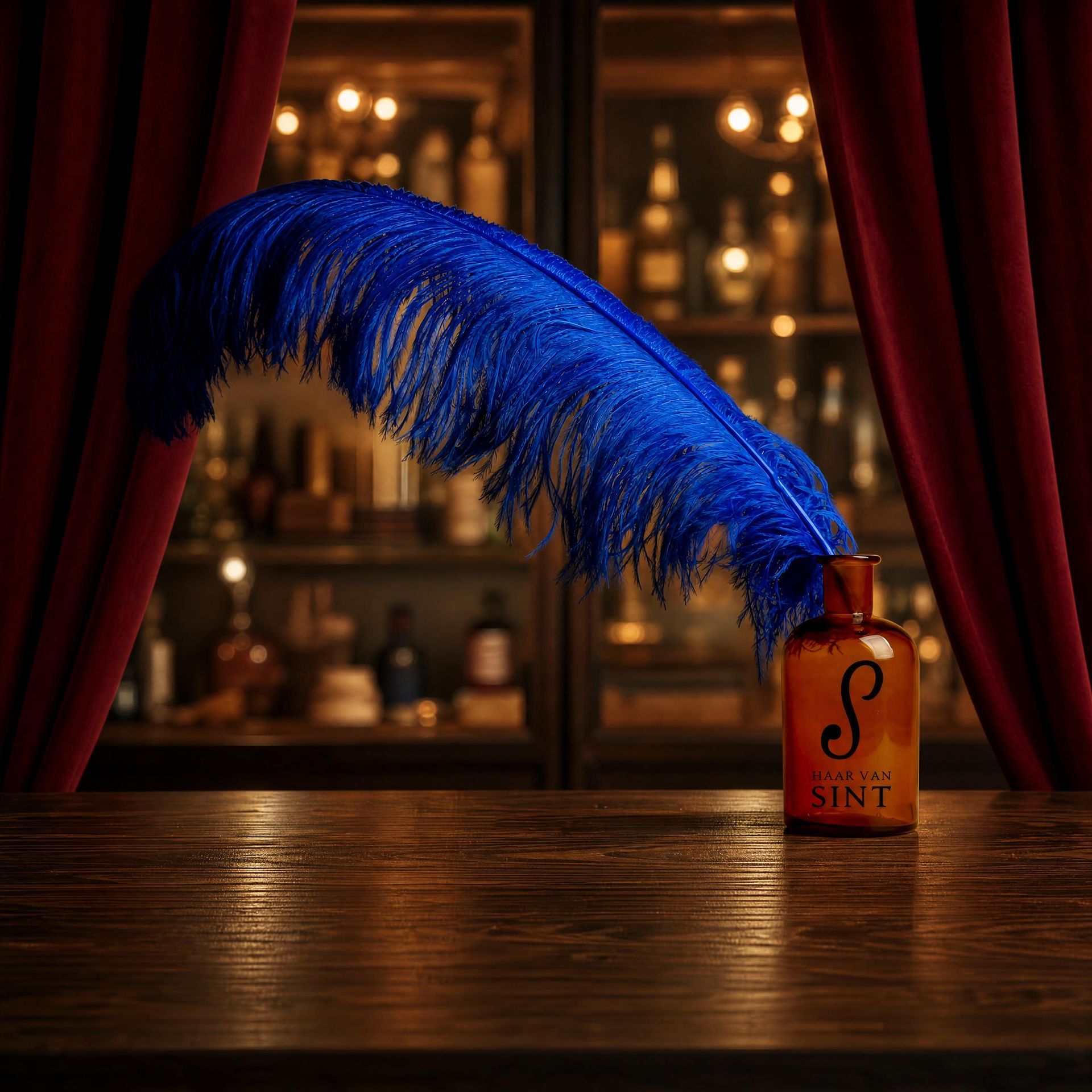 Een blauwe veer in een oranje fles op een houten bar, voor rode gordijnen en wazig warm licht.