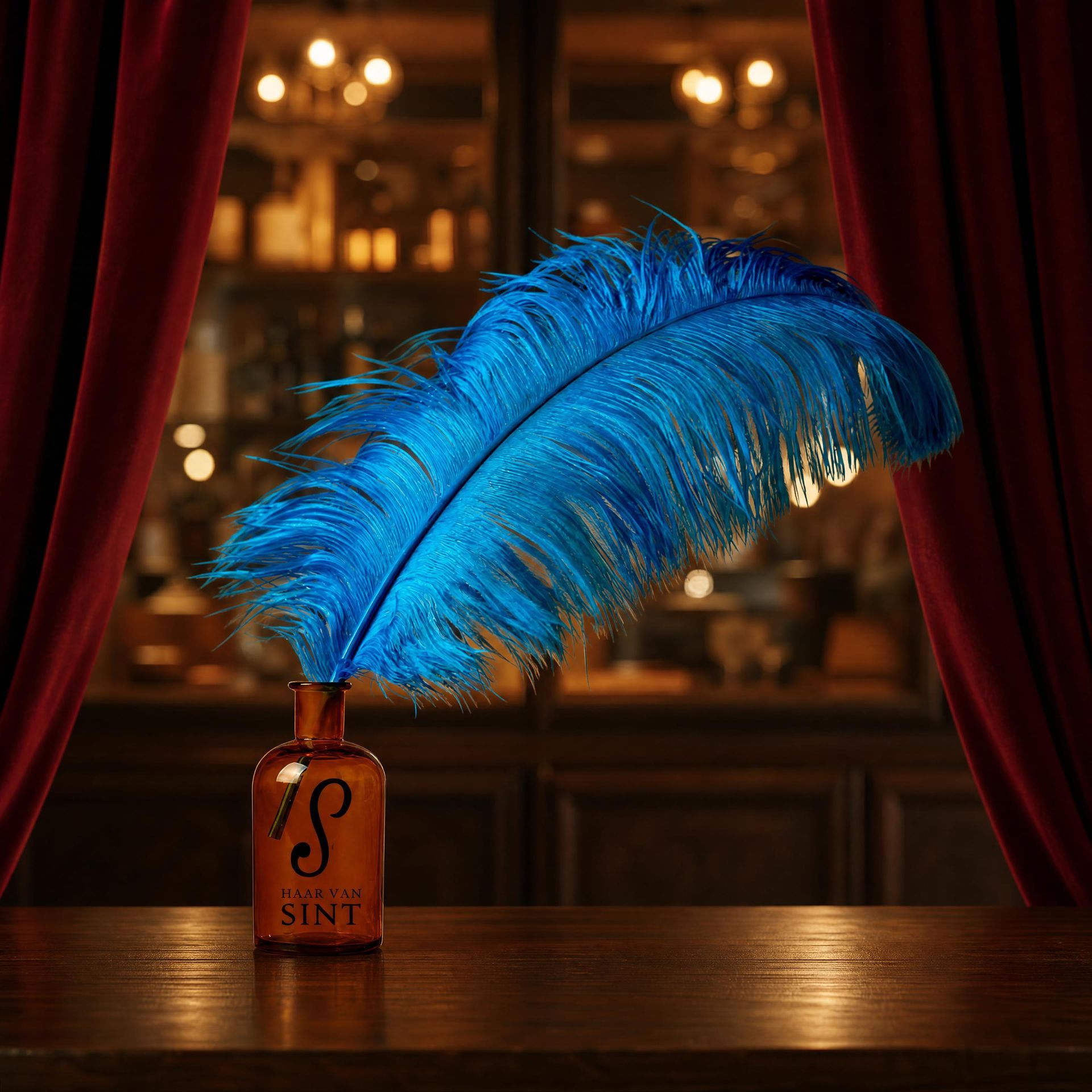 Een blauwe veer in een klein flesje op een houten plank met warme, wazige lichtjes op de achtergrond.
