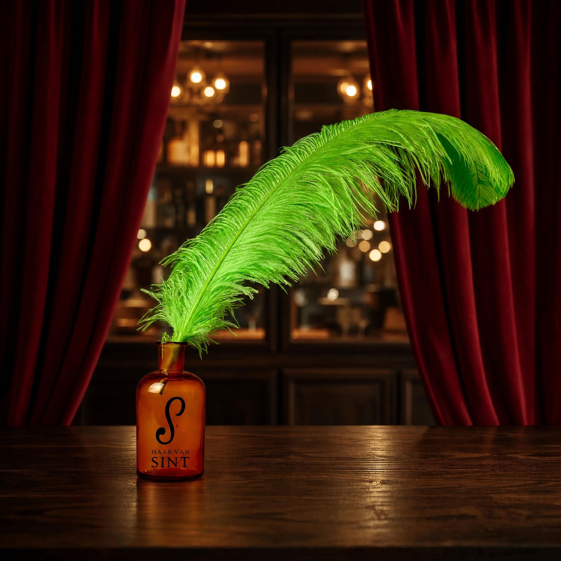 Een amberkleurige fles met een felgroene veer staat op een houten tafel voor rode gordijnen en warme barverlichting.
