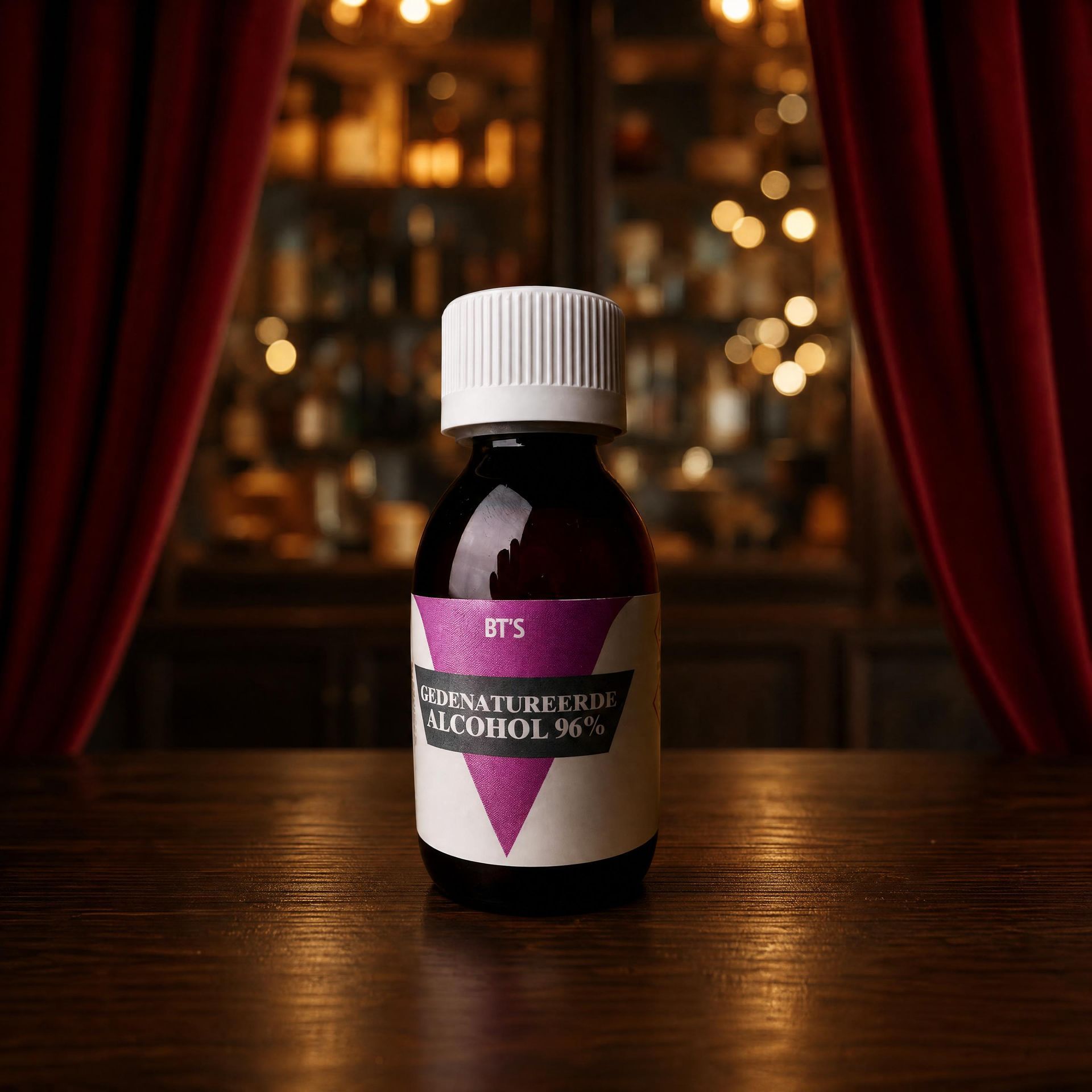 Een klein, donker medicijnflesje met een witte dop op een houten tafel, omlijst door rode gordijnen en warm bokeh-licht.