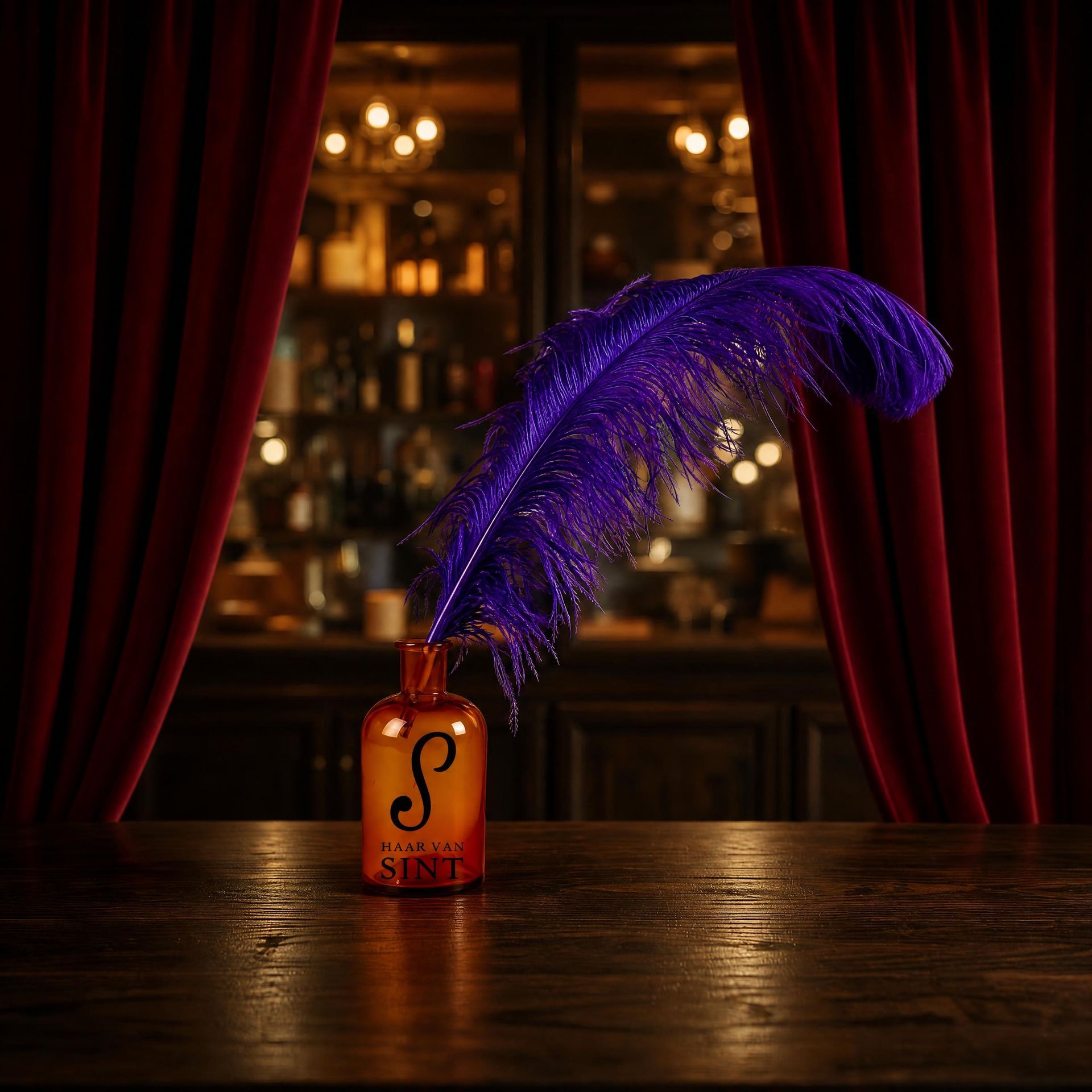 Een oranje fles met een paarse veer staat op een houten tafel in een schemerig verlichte bar, omlijst door rode gordijnen.