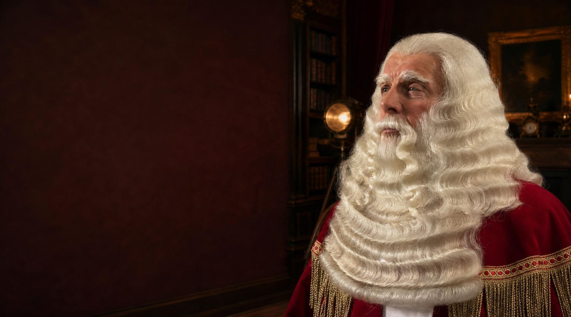 Een witte pruik in rechtersstijl, gedrapeerd over een rood gewaad, ligt naast een verlicht raam met warme gordijnen.