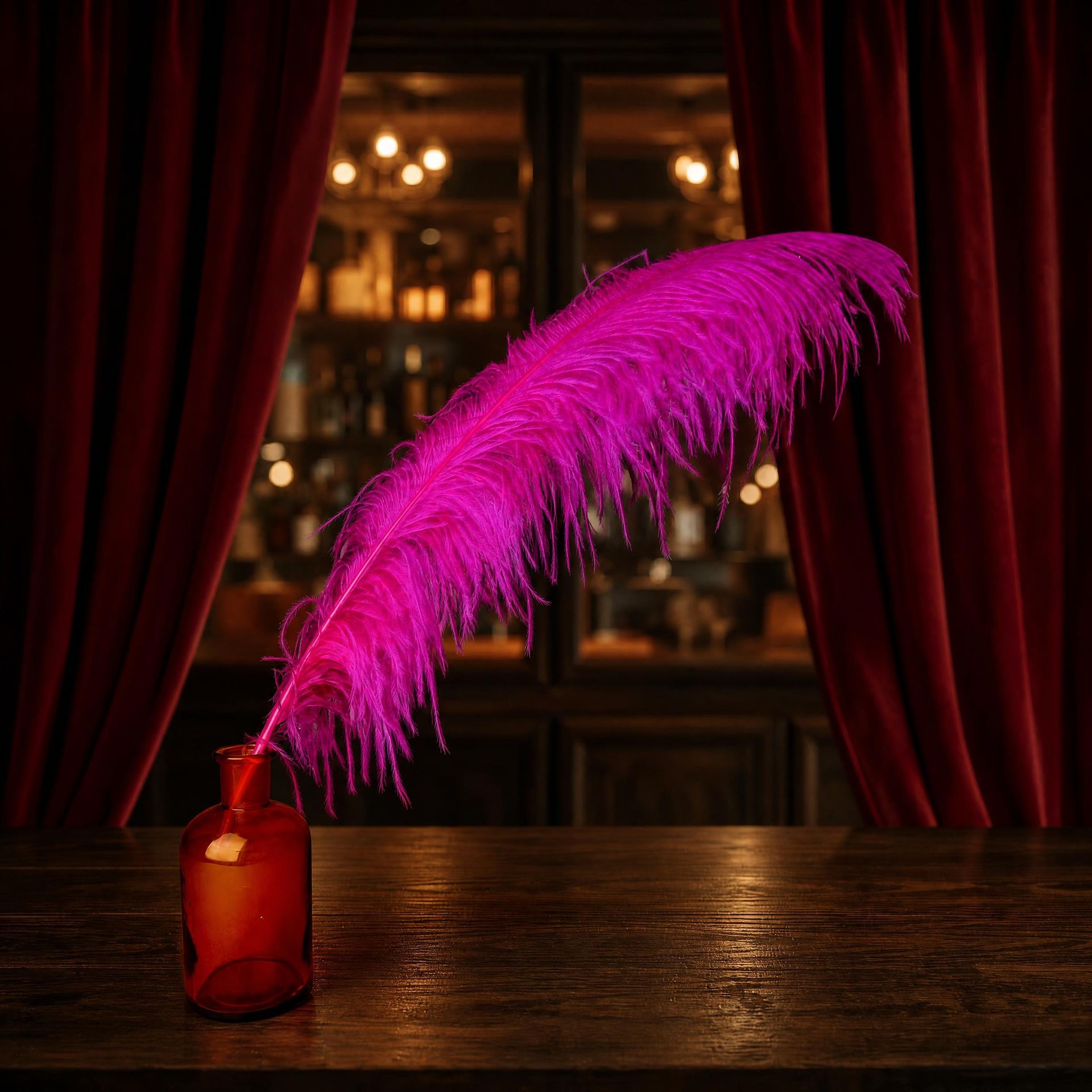 Een roze ganzenveer in een rode inktpot op een houten tafel, met donkere gordijnen en warm licht erachter.