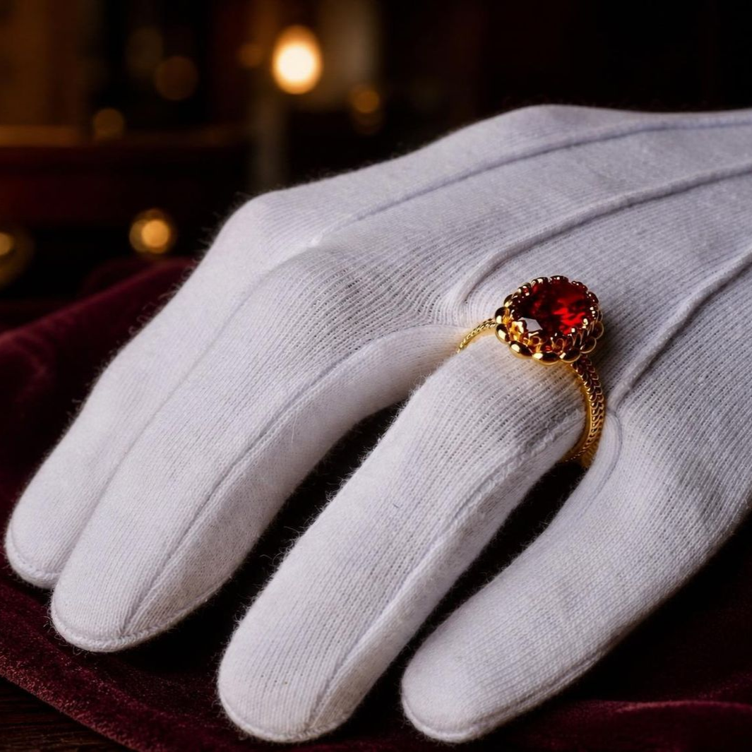 Een hand met een witte handschoen draagt een gouden ring met een rode edelsteen op een donkere fluwelen achtergrond.