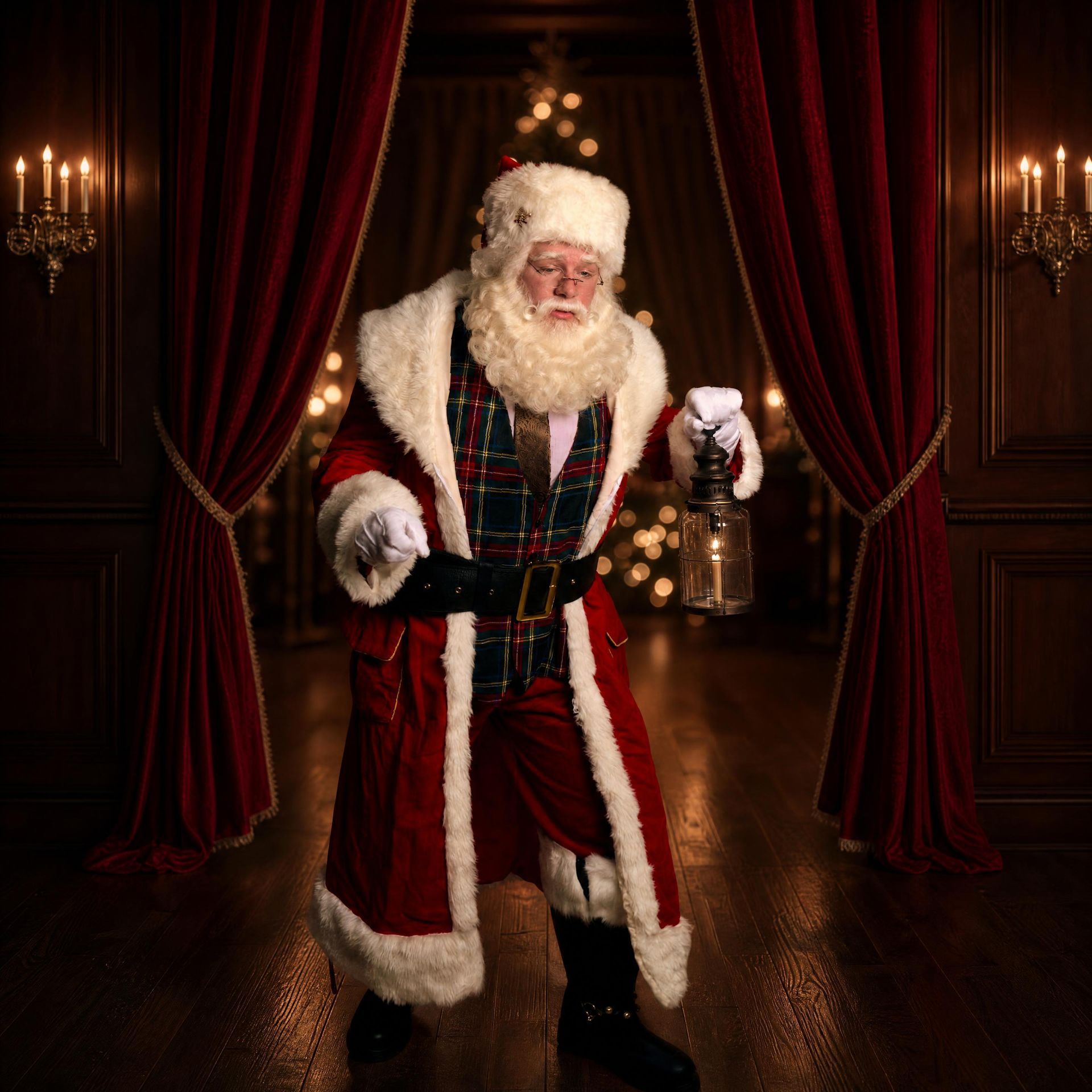 De kerstman met witte baard in een rode fluwelen kamer, verlicht door kaarsen en met een wazige kerstboom op de achtergrond.