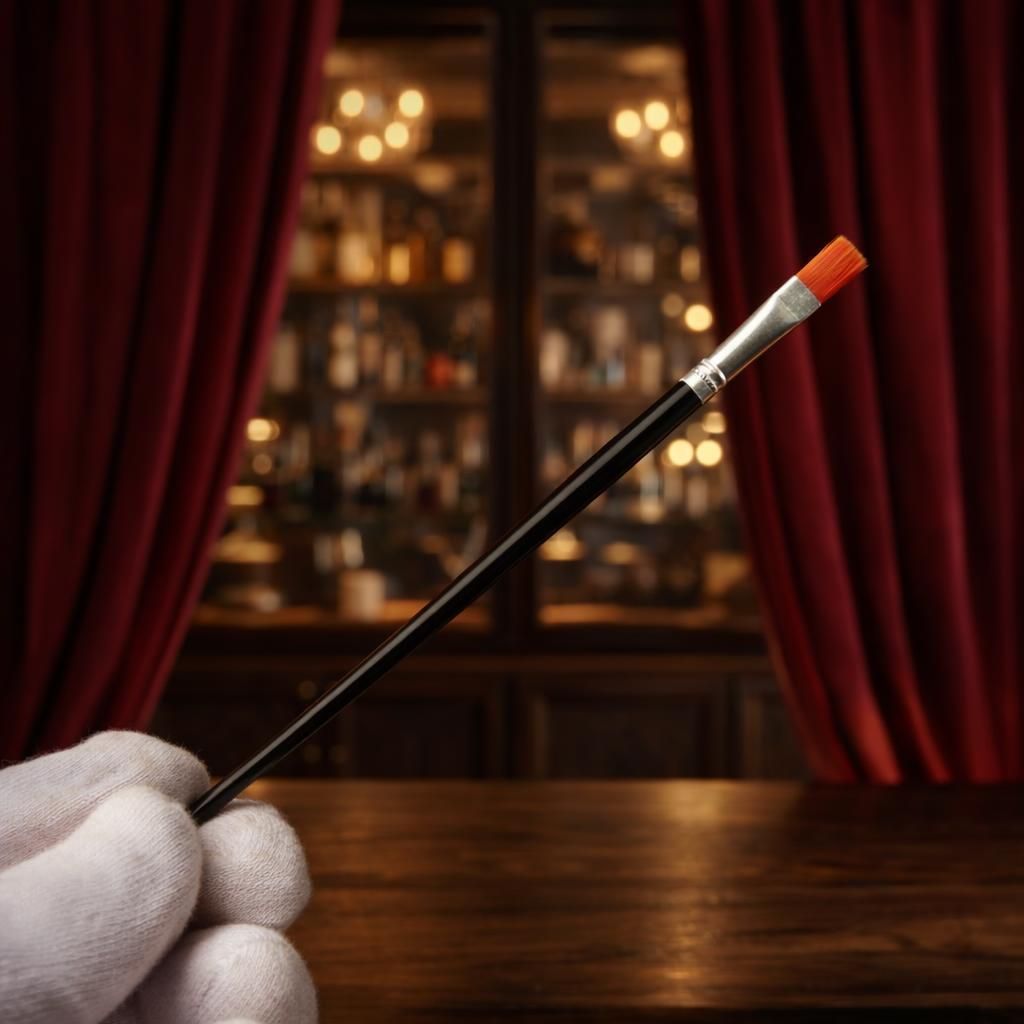 Een gehandschoende hand houdt een zwarte kwast met een oranje uiteinde vast, voor rode gordijnen en een verlichte kast.