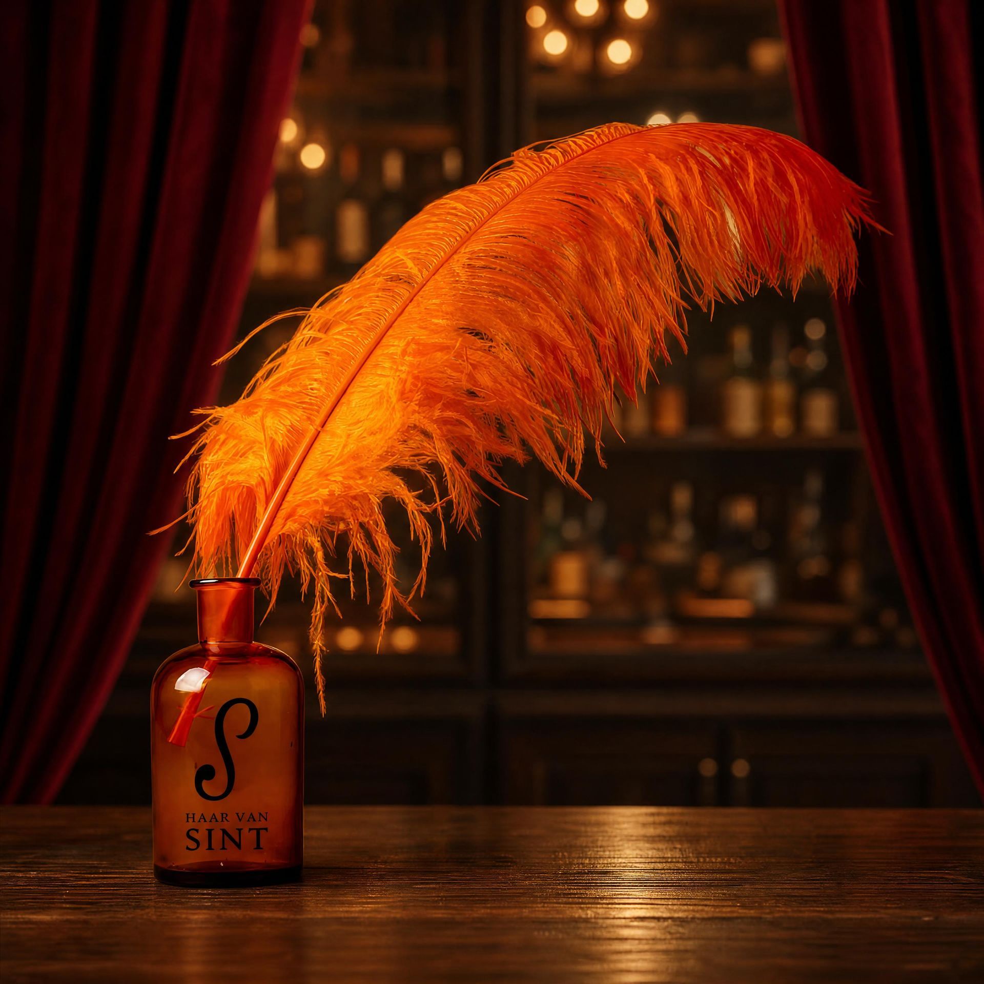 Een oranje veer in een klein flesje op een houten bar, met rode gordijnen en wazige planken op de achtergrond.