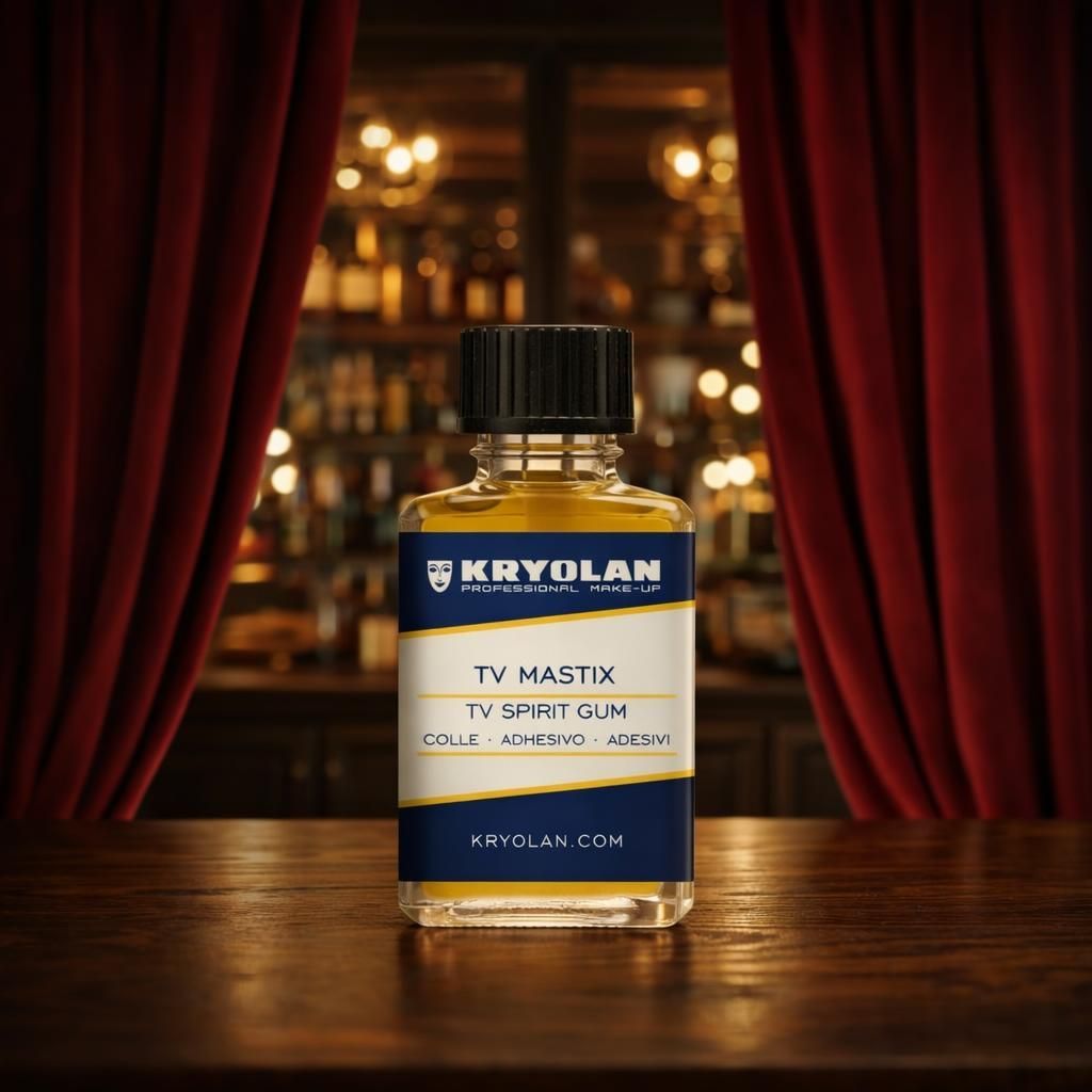 Een Kryolan TV Paint Stick in een donkerblauwe en gouden fles op een houten tafel met rode gordijnen erachter.