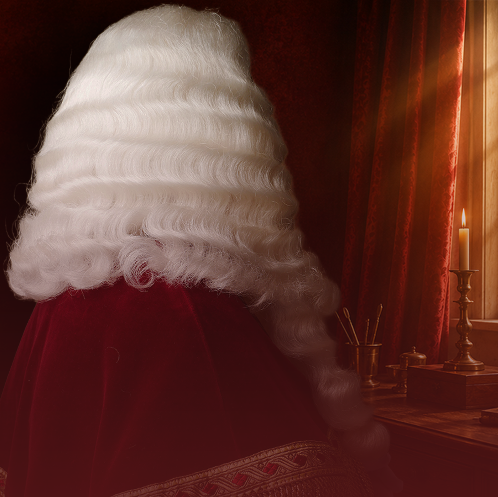 Een witte pruik in rechtersstijl, gedrapeerd over een rood gewaad, ligt naast een verlicht raam met warme gordijnen.