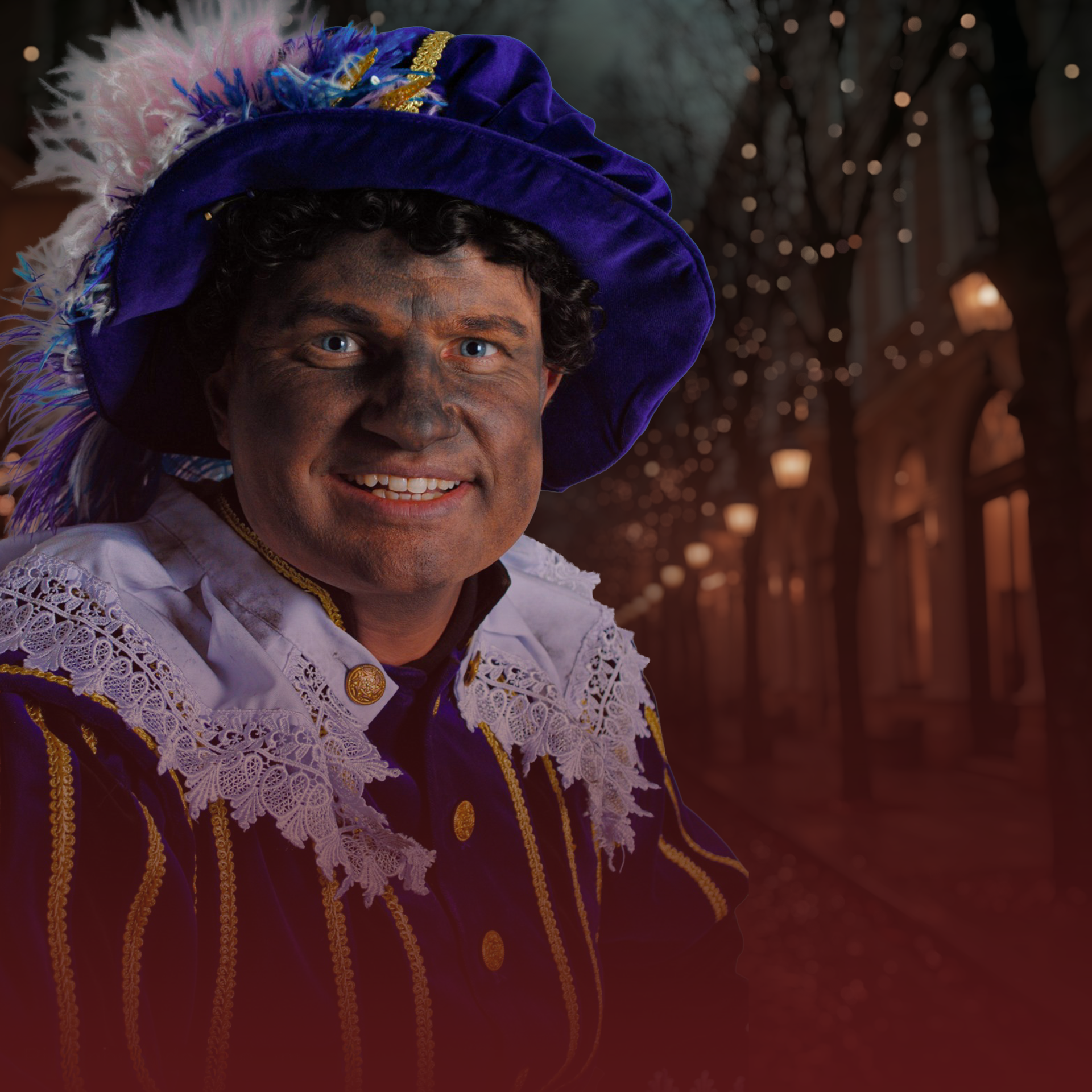 Een lachend persoon met een paarse hoed en een geborduurd kostuum op een sfeervol verlicht feestelijk evenement.