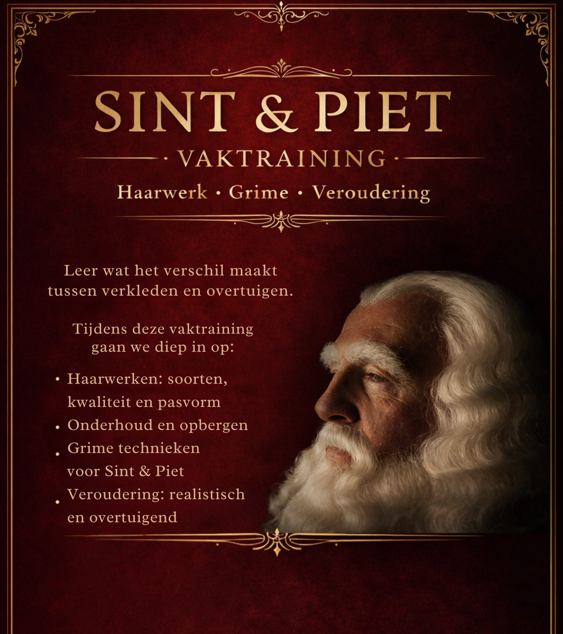 Een bordeauxrode poster voor een professionele opleiding tot kapper en visagist bij Sint & Piet