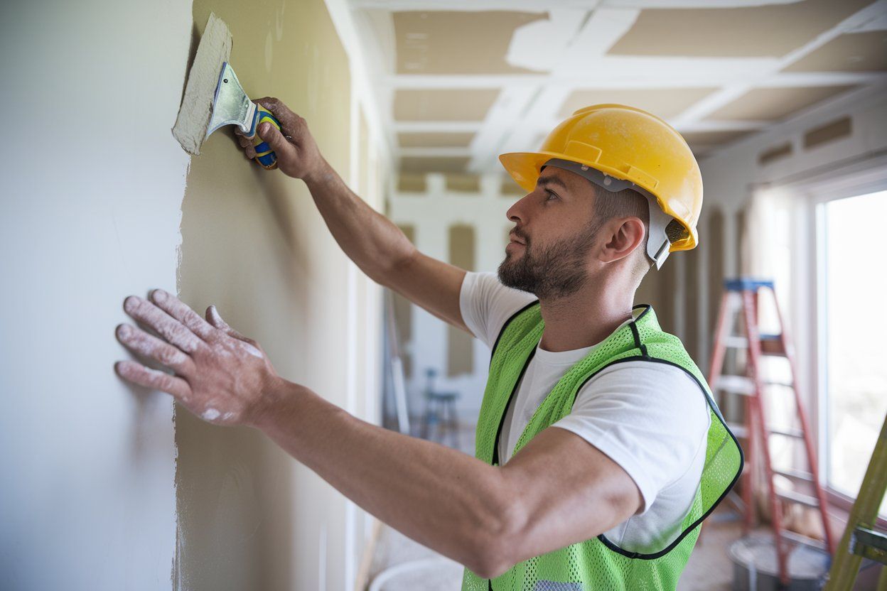 A man wearing a hard hat and safety vest is plastering a wall.