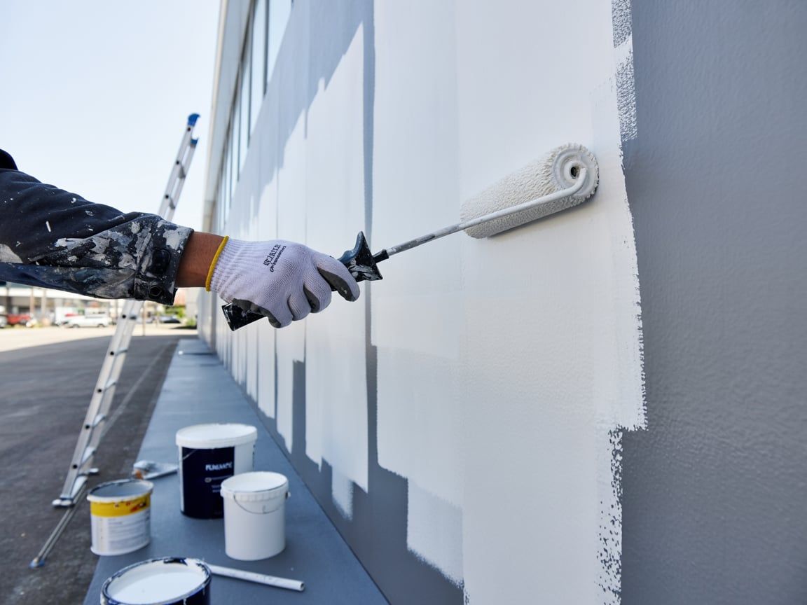 Person paints exterior wall white with a roller; paint cans and ladder visible.