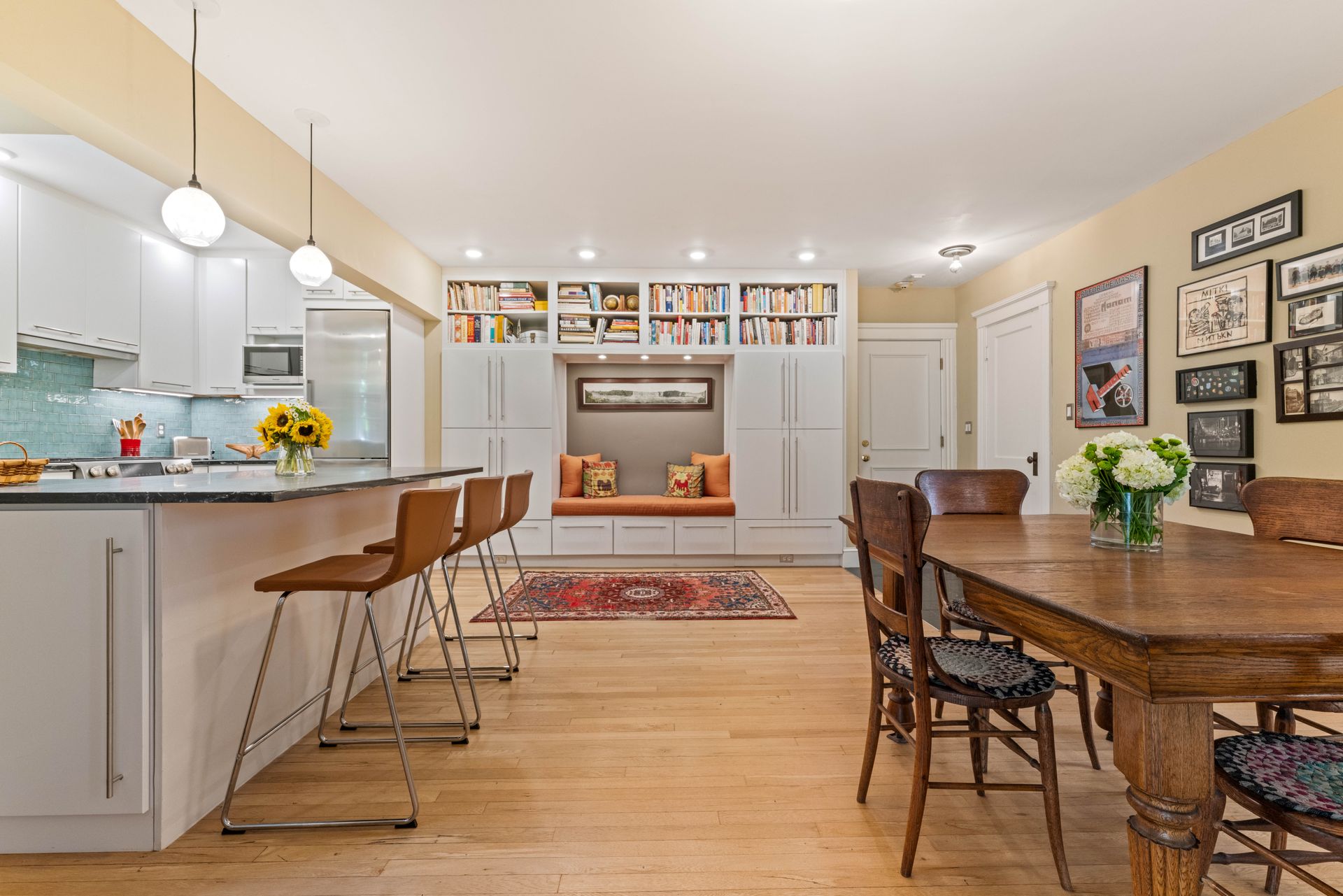 Kitchen, dining room and reading nook