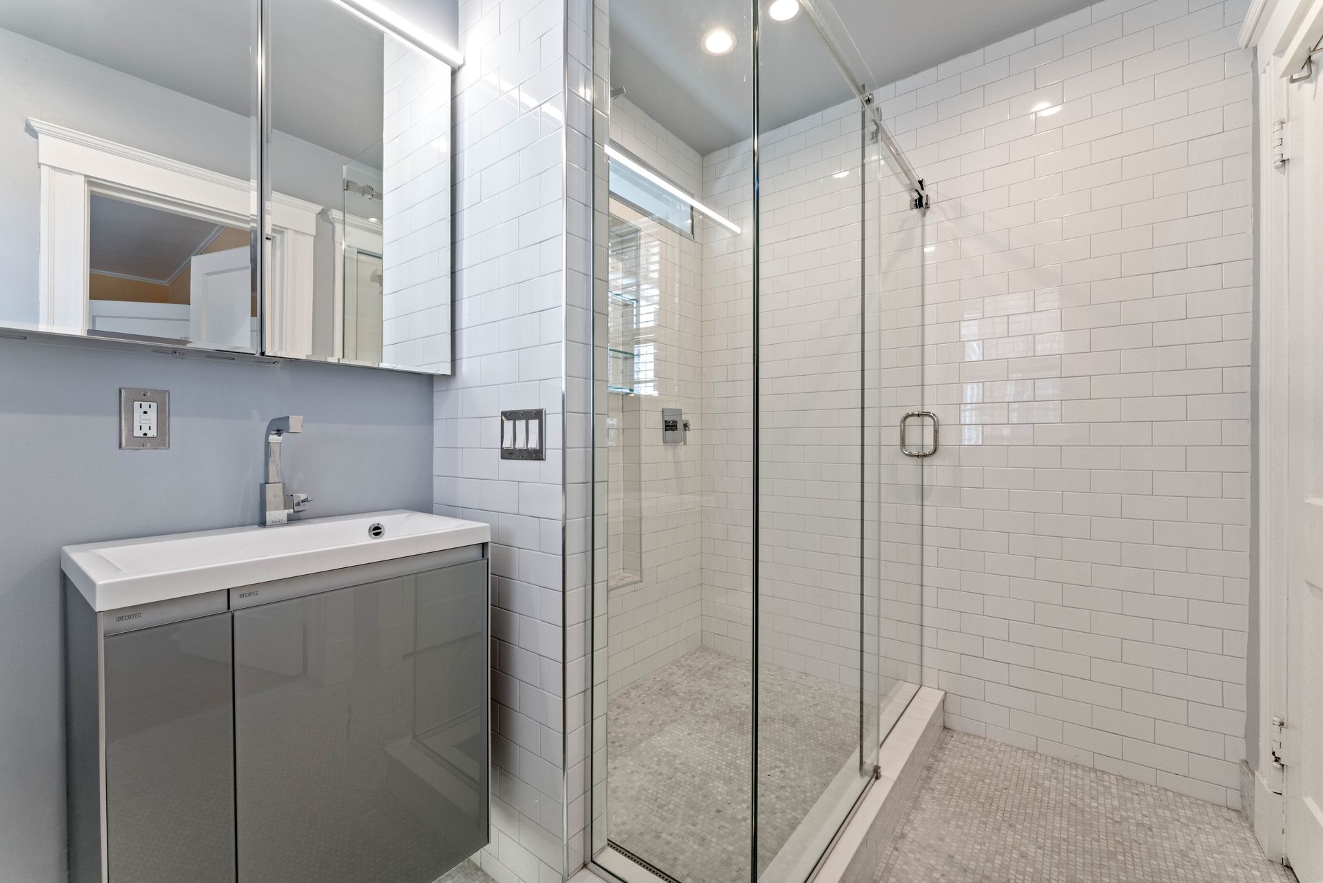 Bathroom closeup of vanity and shower