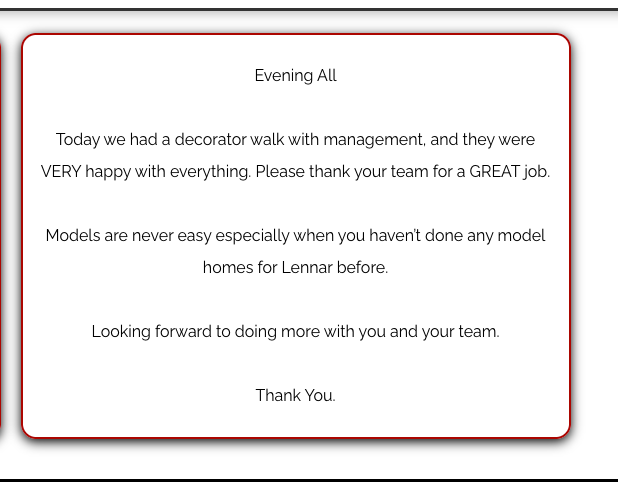 Thank-you note on white card with red border praising decorating work and teamwork.