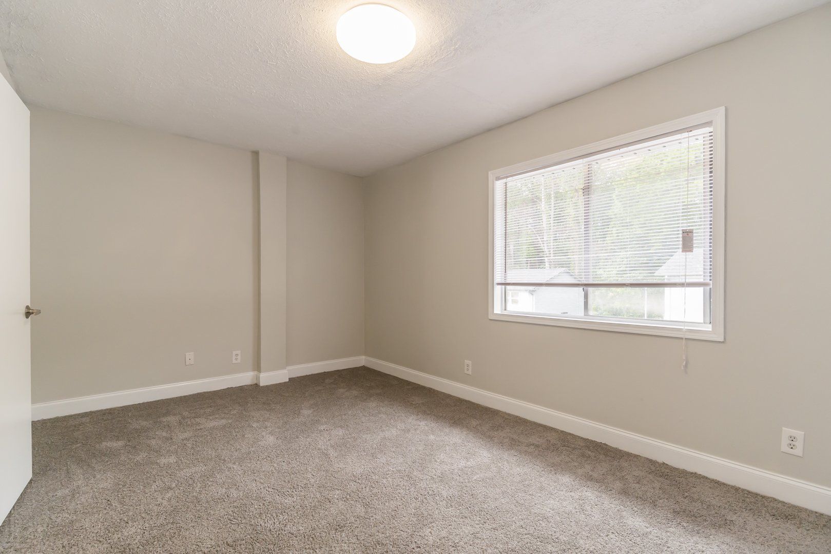 Empty beige bedroom with carpet, white trim, and a window letting in daylight