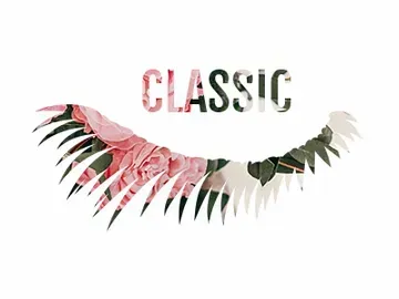 A close up of a pair of eyelashes with the word classic written on it.