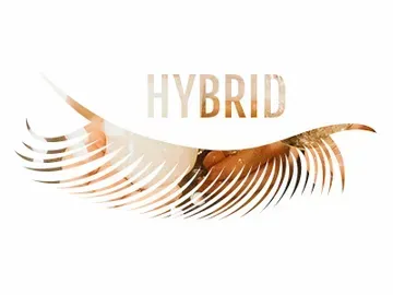 A close up of a feather with the word hybrid on it