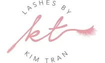 A logo for lashes by kim tran with a pink eyelash in the middle.