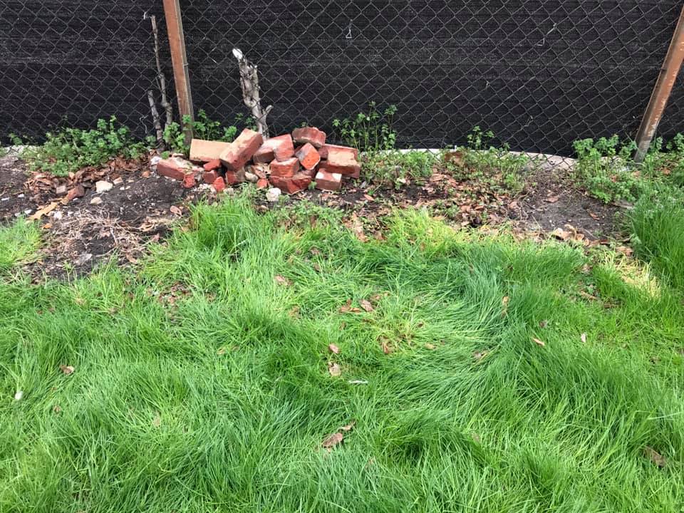 Green grass in front of a chain-link fence with a black tarp; a pile of red bricks is near the fence.