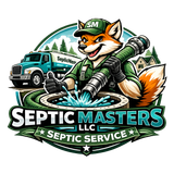 Mascot logo for Septic Masters LLC: fox plumber cleaning a septic tank with truck and pipes.