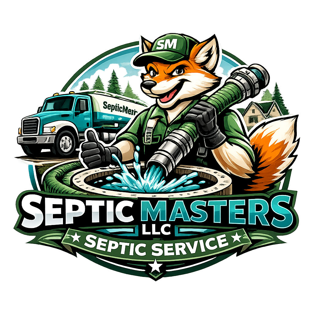 Mascot logo for Septic Masters LLC: fox plumber cleaning a septic tank with truck and pipes.