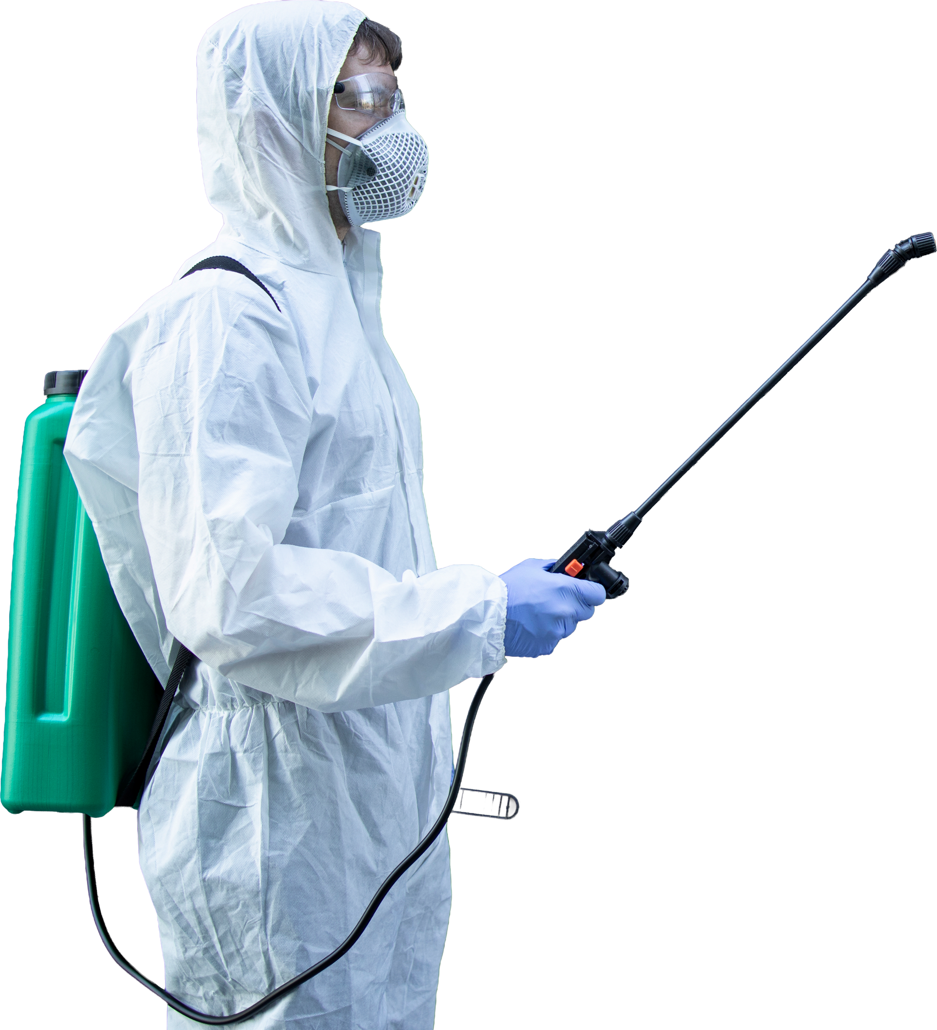Person in white protective suit and mask using a backpack sprayer on a white background
