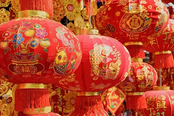 Traditional red lanterns decorated with intricate patterns and festive symbols displayed during a cultural celebration.